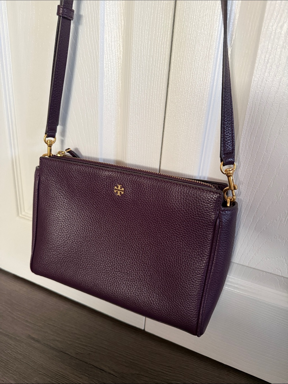 Tory Burch Pebbled Leather Crossbody in Deep Plum with Gold Hardware